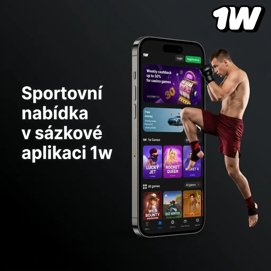 Sports betting app 1w interface showing LIVE and LINE markets for football, tennis, basketball, hockey, esports and more.