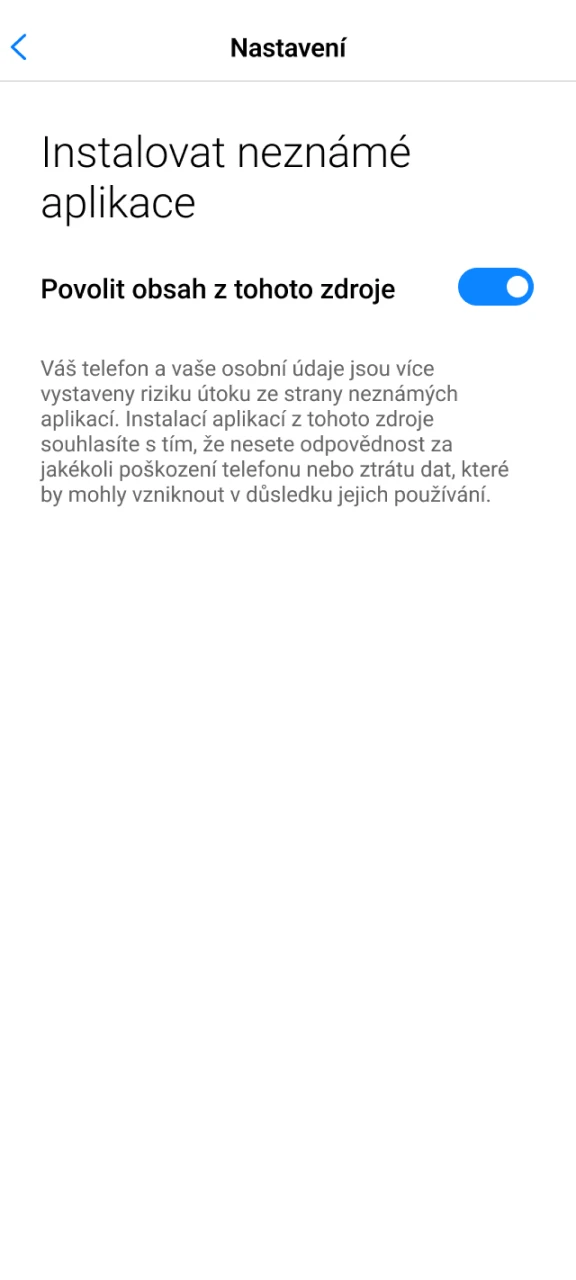 Povolte instalaci z neznámých zdrojů, abyste si mohli stáhnout aplikaci 1w.
