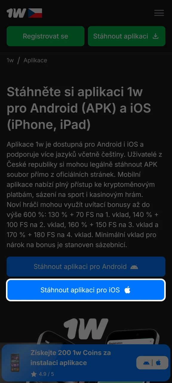 Klikněte na tlačítko a zobrazí se vám pokyny k instalaci aplikace 1w pro iOS.