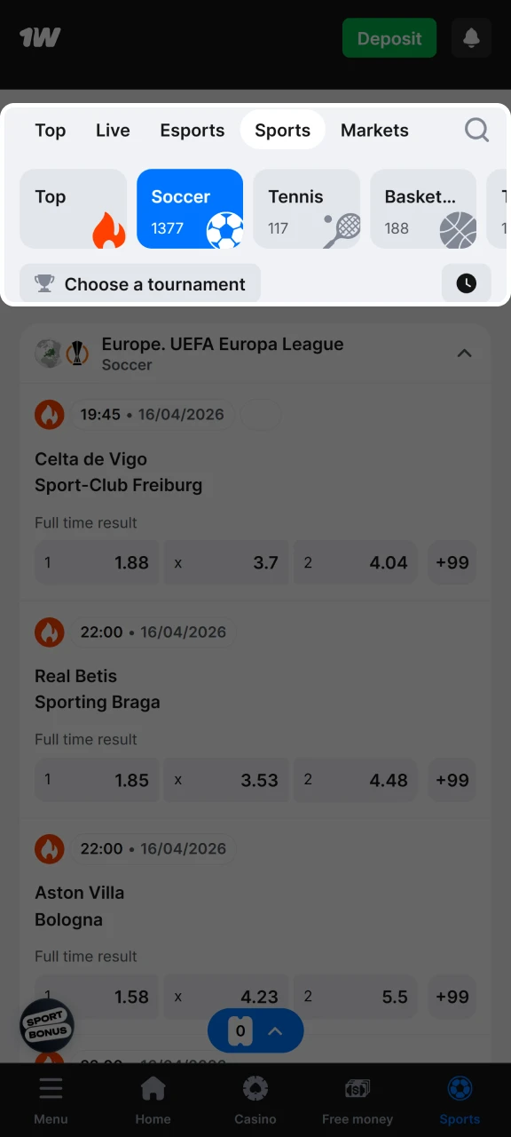 Otevřete sportovní sekci na webu 1w a vyberte si sport, na který chcete vsadit.