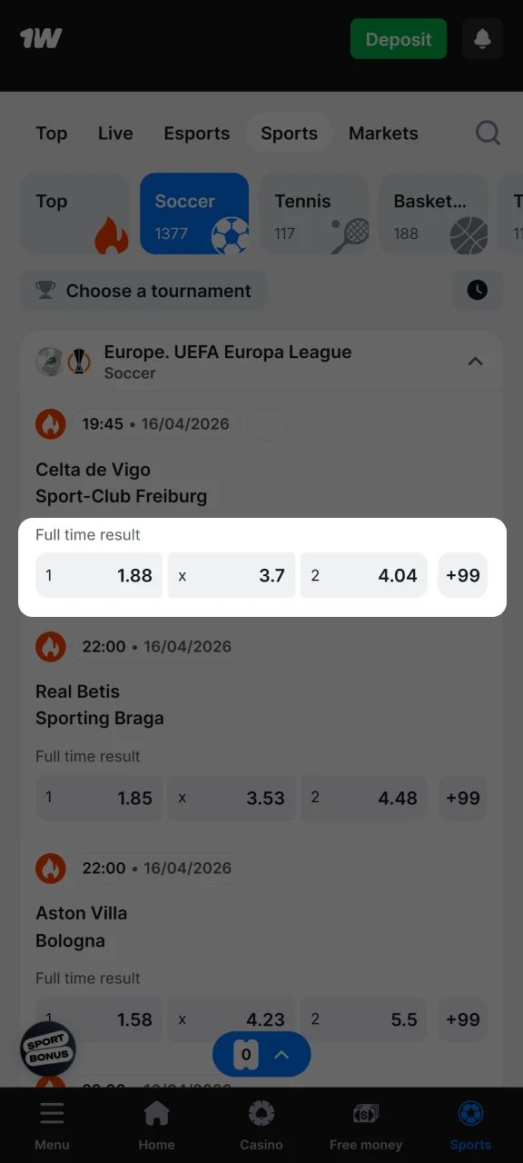 Vyberte si sázkovou možnost na vybraný sport na 1w.